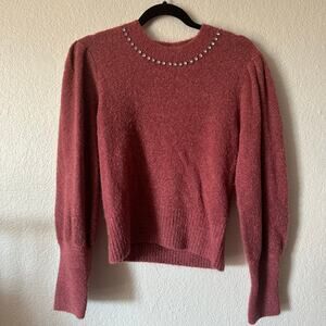 Cinq A Sept Rhinestone Wool Blend Puff Sleeve Pullover Sweater Medium